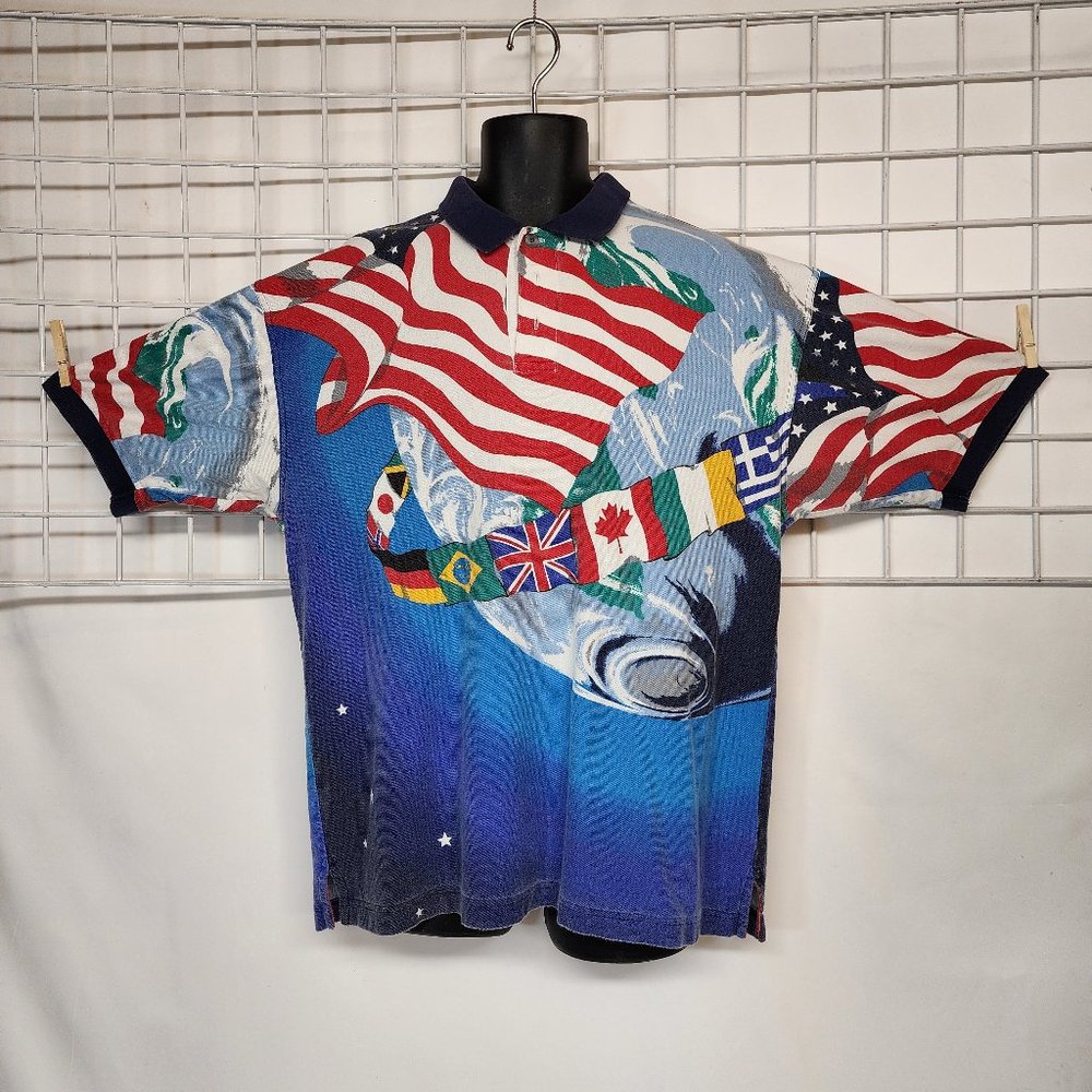 Divots Sports Polo Shirt Global Colorful All Over Print AOP Men Size XL Vintage